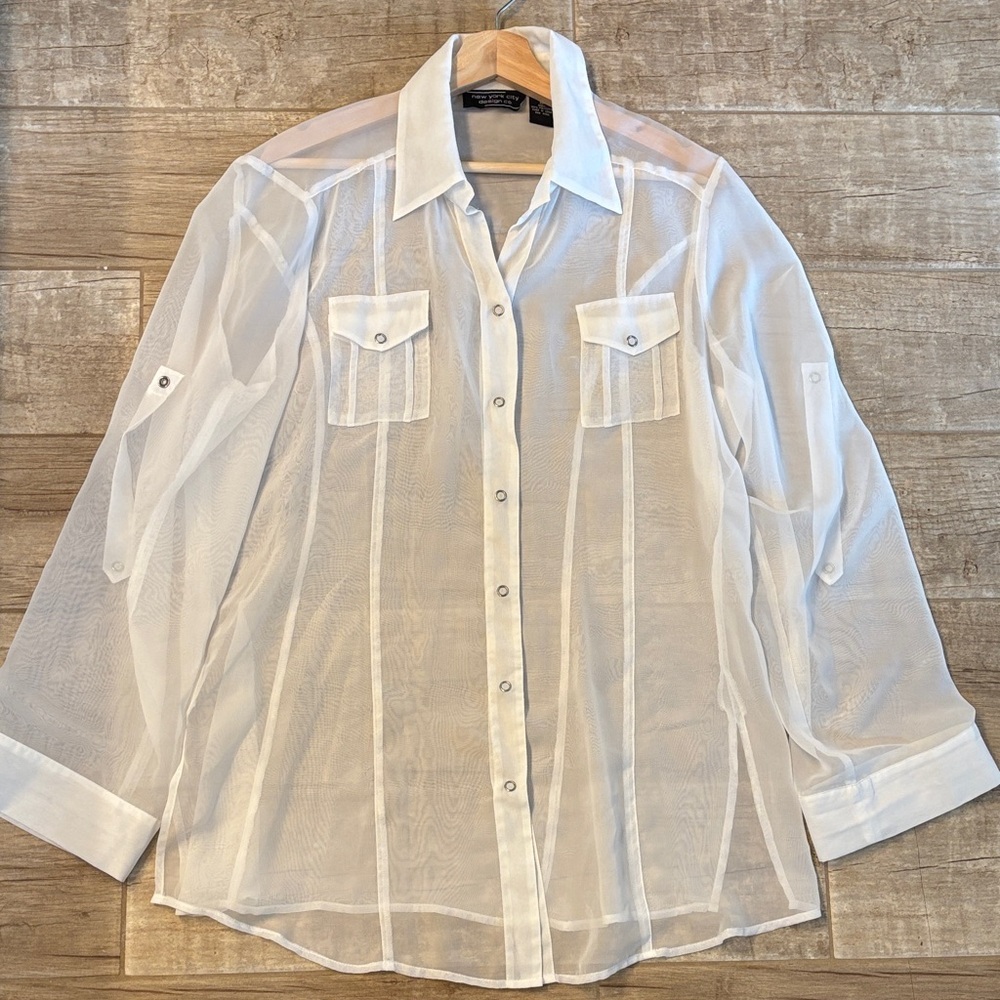 New York City Design Sheer White Button-Up Blouse - Picture 3 of 5